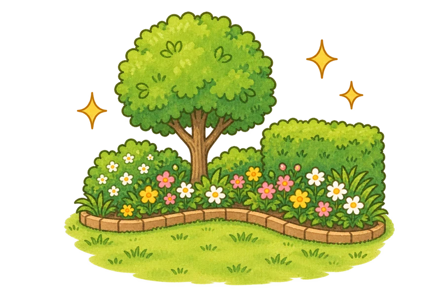 美しく整えられた庭木と花壇のイラスト